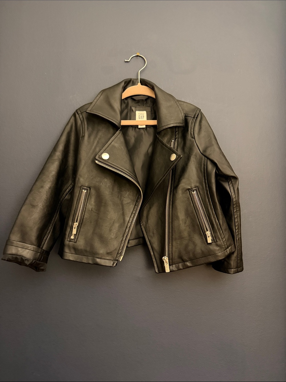 Baby Gap Girls 3T Black Faux Leather Moto Biker Jacket Zip Pockets